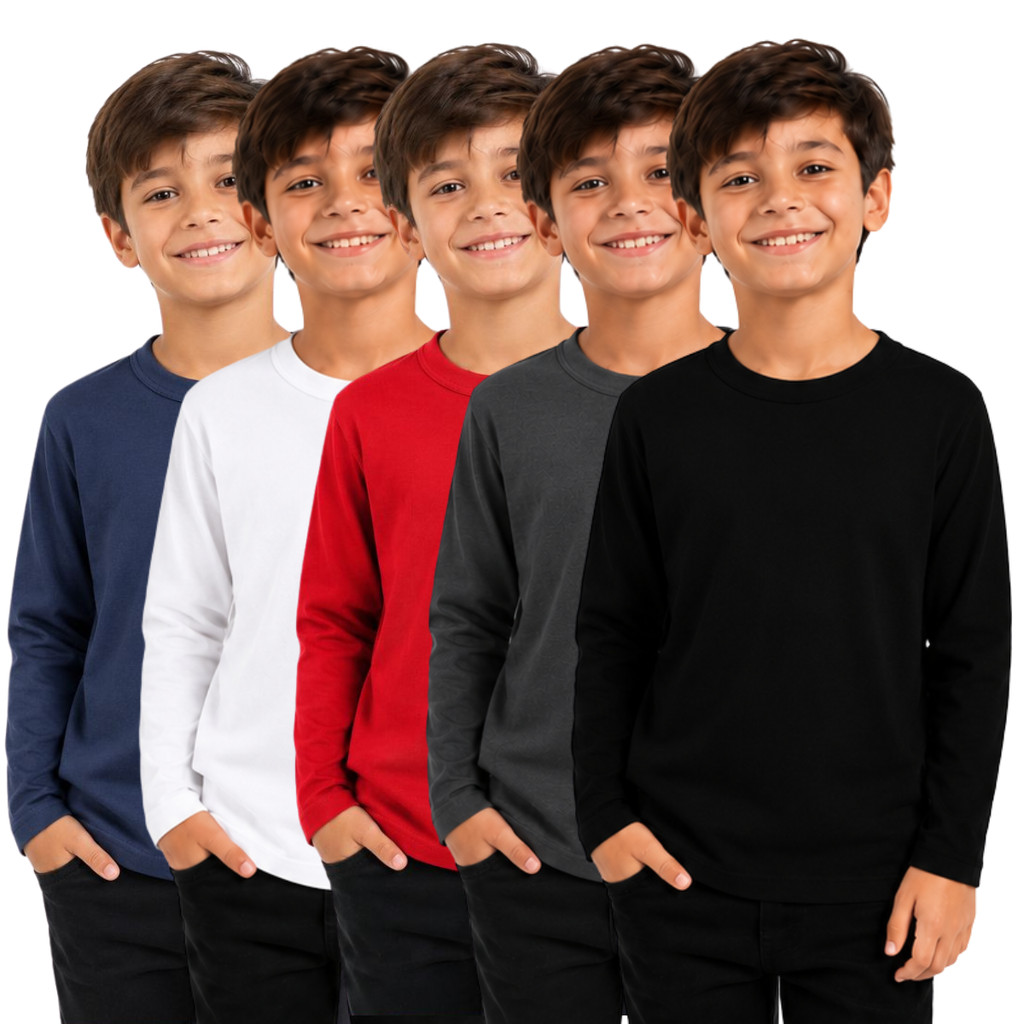 Kit com 3 Camiseta Infantil Lisa Básica Manga Lon
