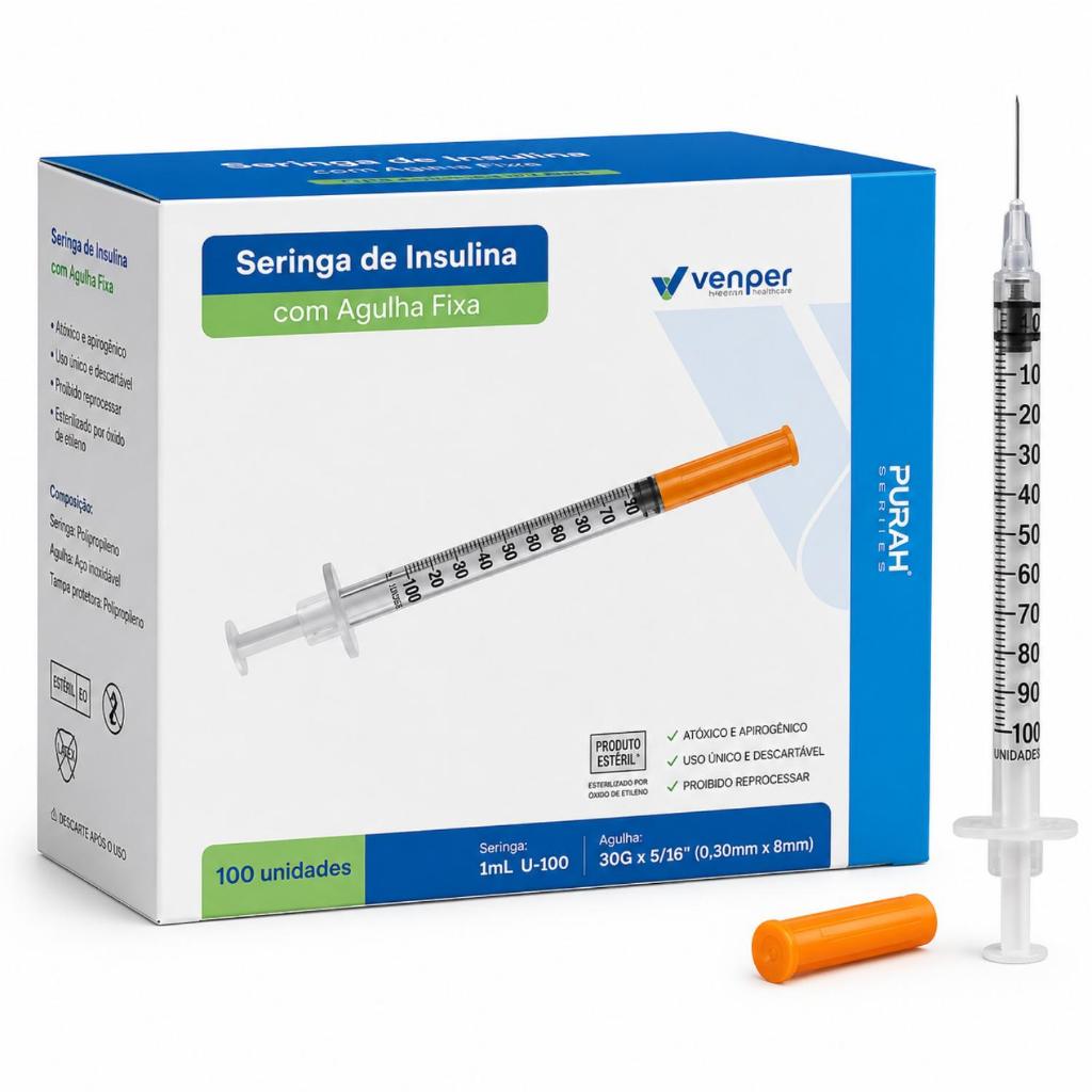 Kit 20 Seringa de Insulina 1ml com Agulha Fixa 8x3