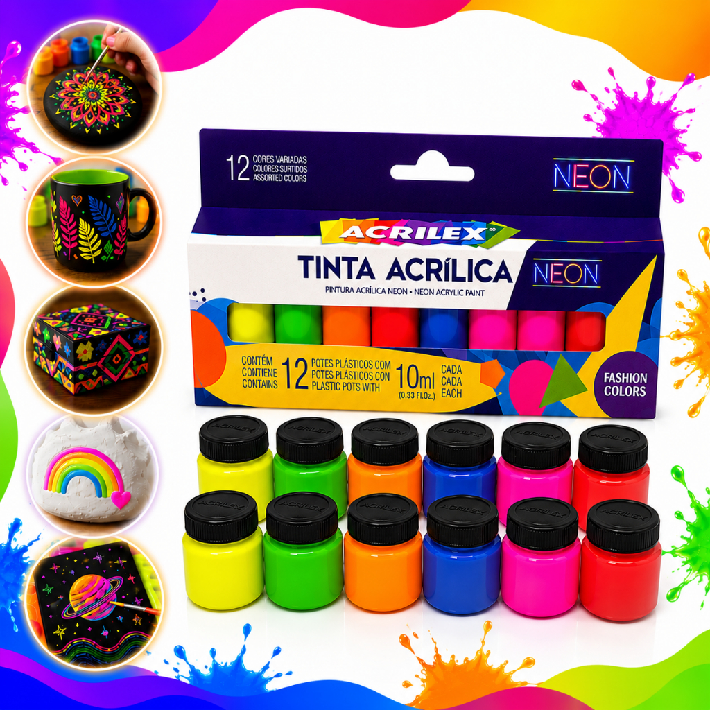 Kit 6/12 Tinta Neon Artesanato 6 Cores Escola Pint