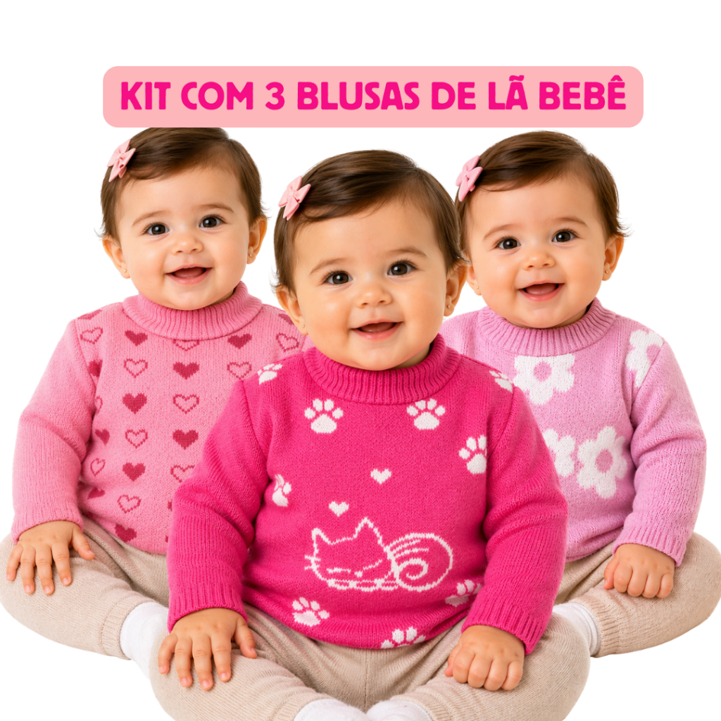 Kit com 3 Blusas de Lã Bebê Menina Tricot de Qua