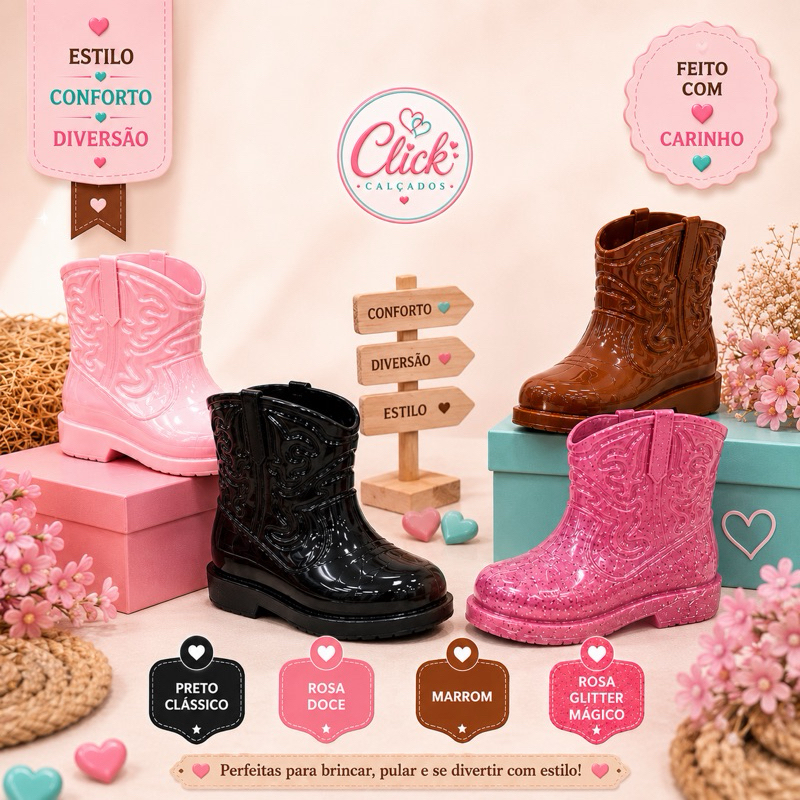 Bota Galocha Boiadeira Texana Infantil Menina Glit