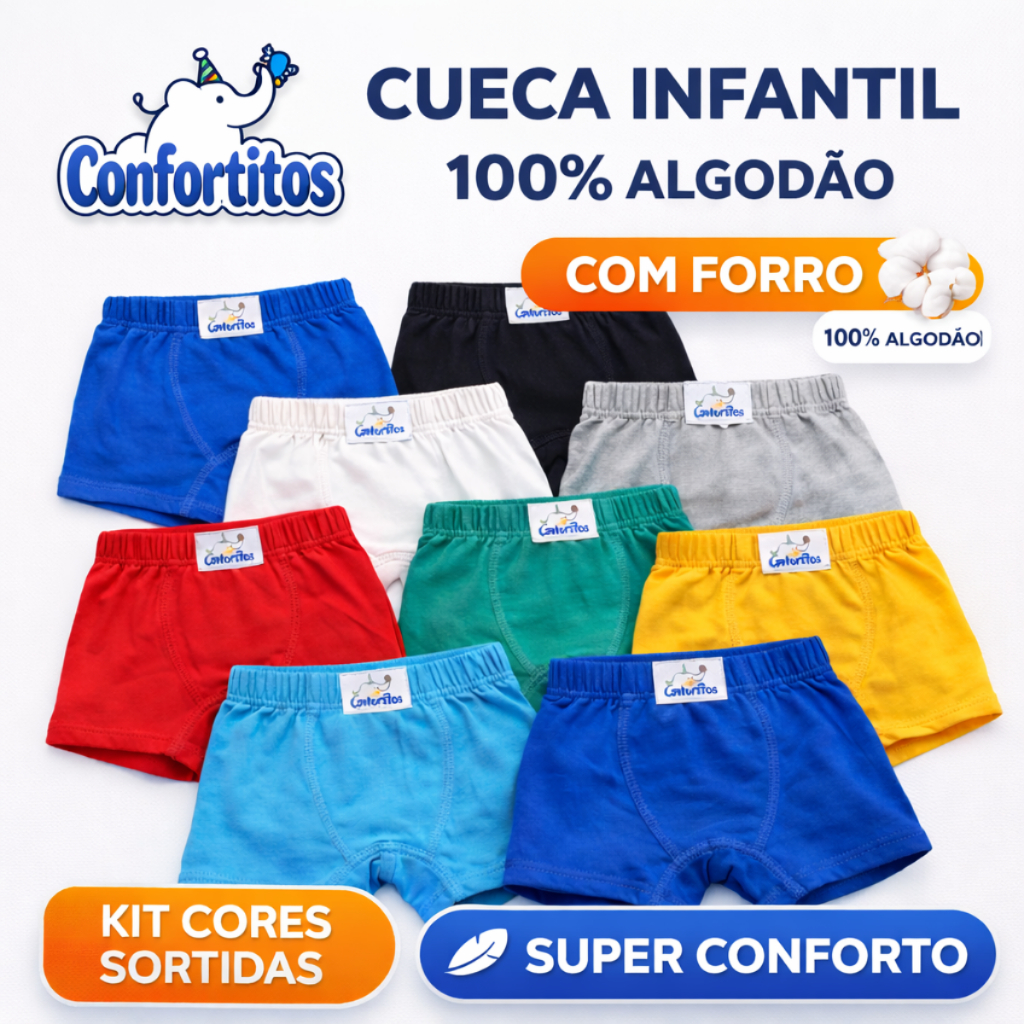 Kit Cuecas Infantis Box Menino 100% Algodão com F