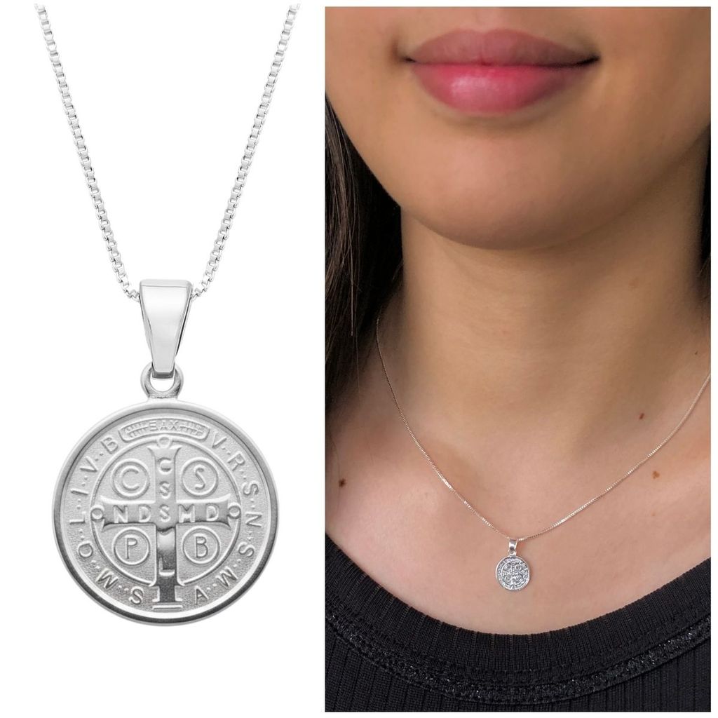 Colar Medalha Cruz São bento Prata 925 Religioso 