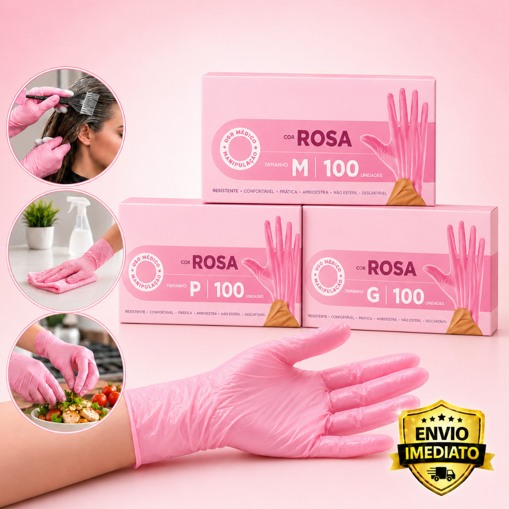Luva Rosa Newflex Sem Pó com 100 Unidades Tamanho