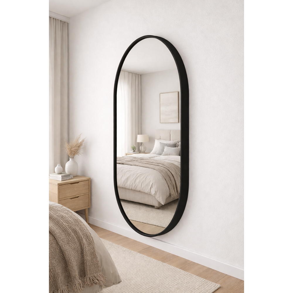 Espelho Oval 100cm x 35cm com Moldura em Couro Sup