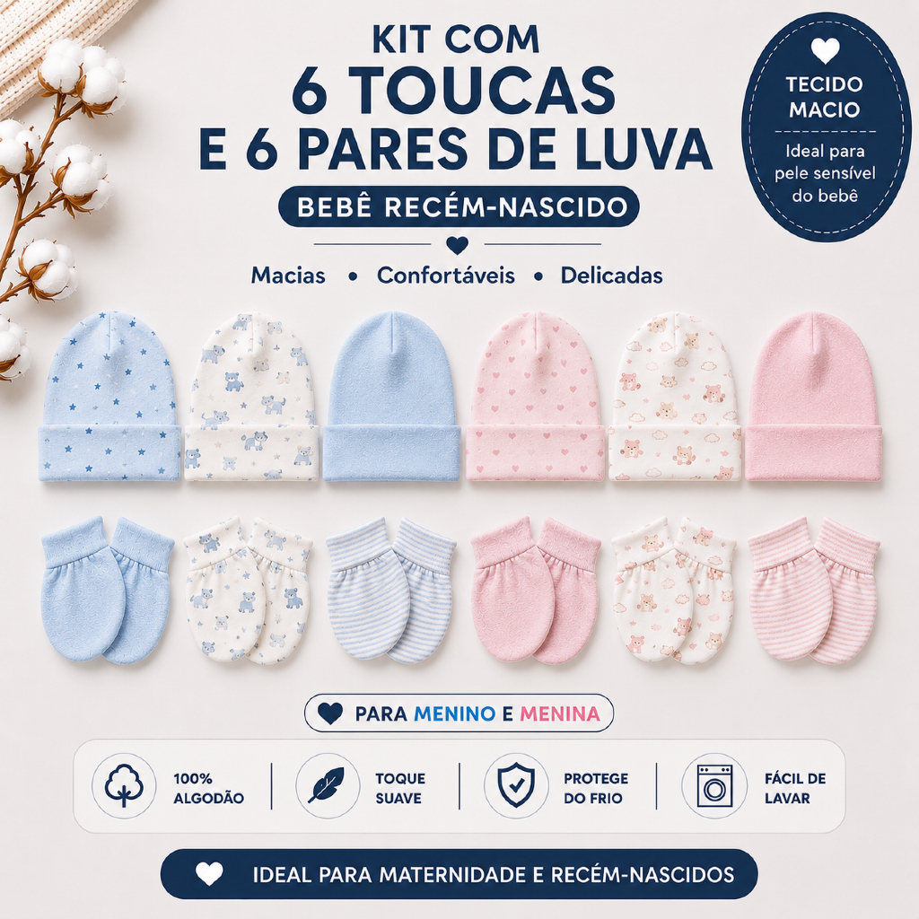 Kit 6 Toucas 6 Pares Luvas Bebê Recém Nascido In