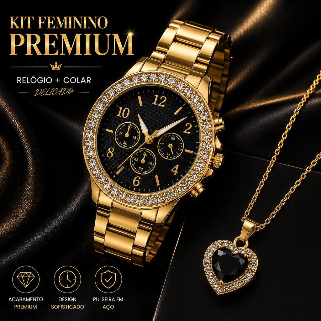 Kit Relógio Feminino Dourado Luxo + Colar Coraç�