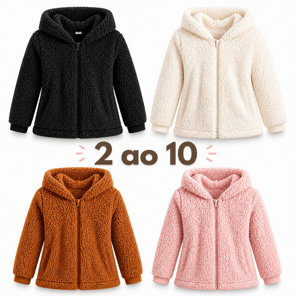 Blusa Infantil Sherpa com Zíper e Touca Casaco Qu