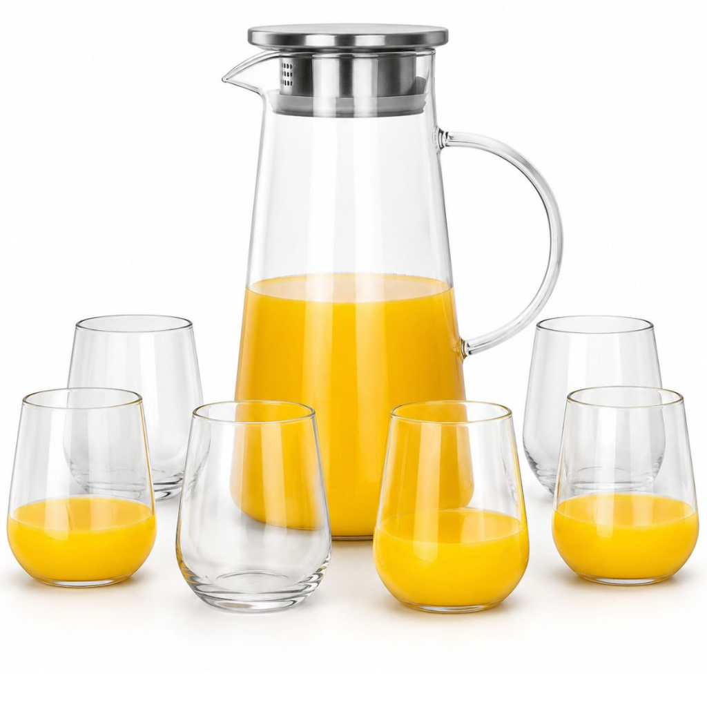 Kit Jarra Borossilicato Tampa Inox 1,9l + 6 Copos 