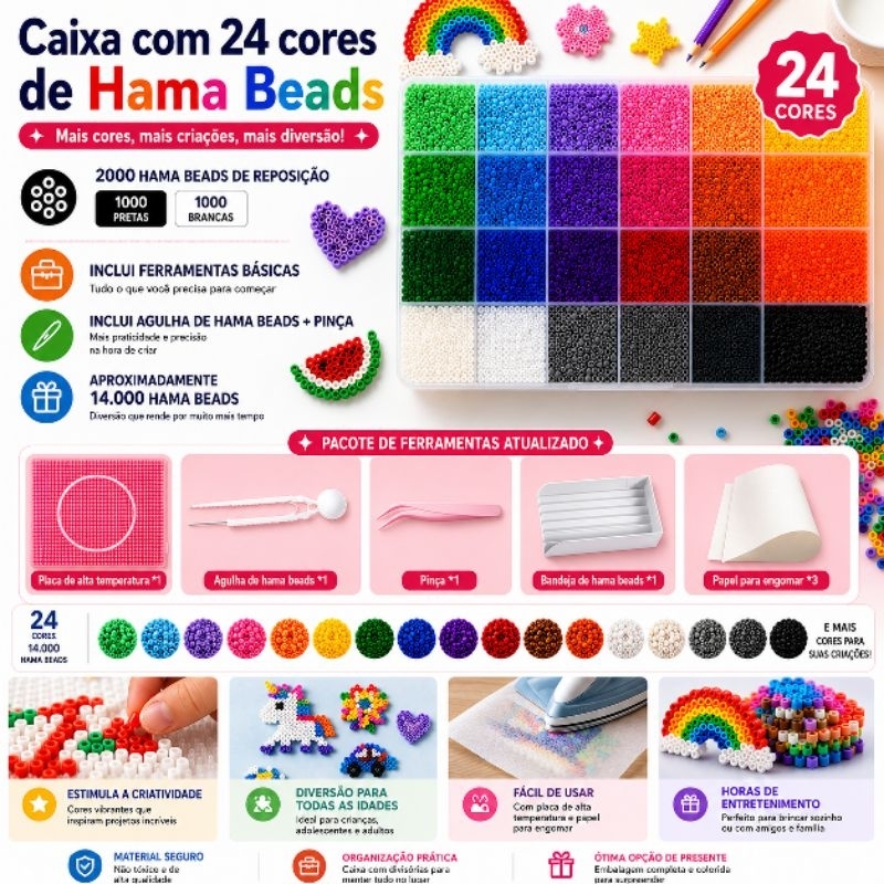 Kit Hama Beads Perler 24 cores 2.6mm Com 14000pcs