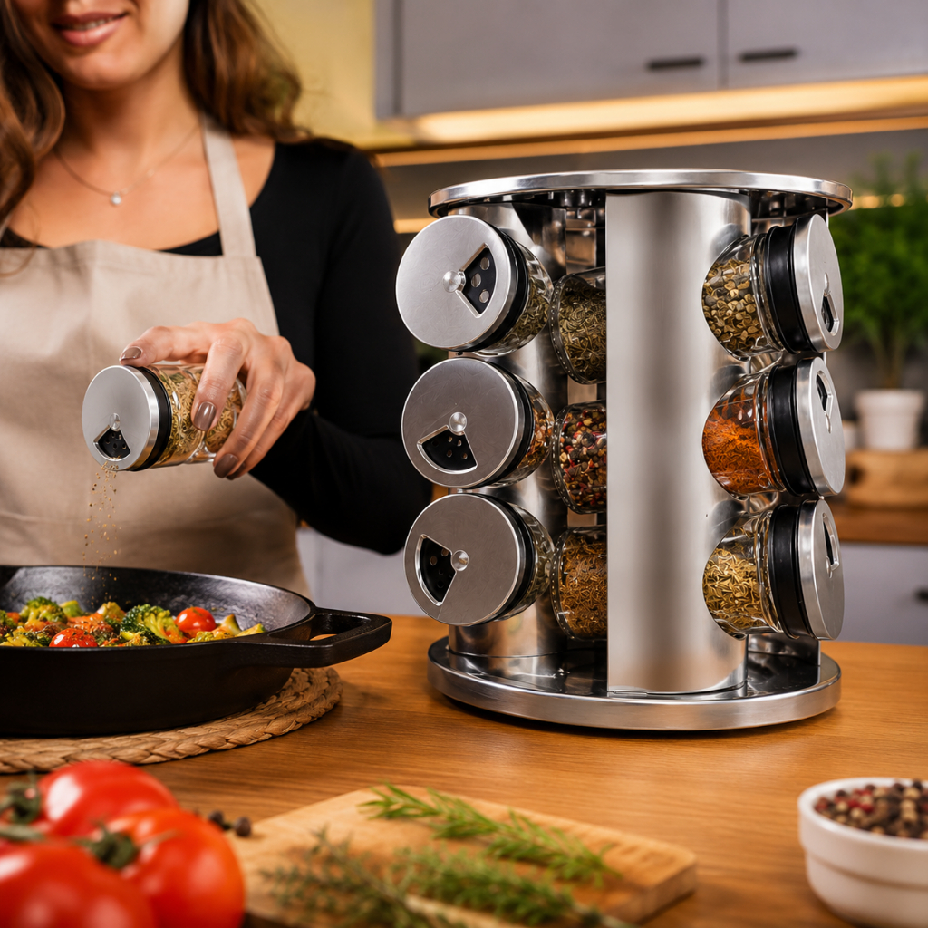 Porta Condimentos INOX 12 Potes Vidro Base 360° C