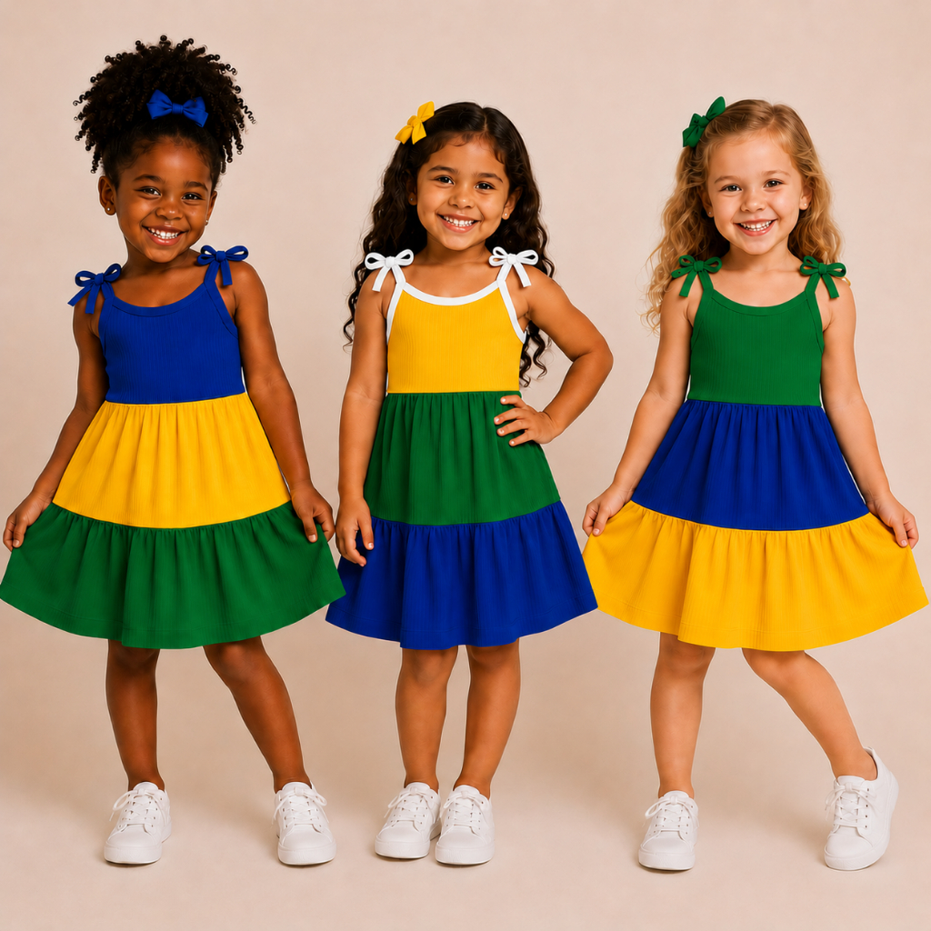 Vestido Infantil menina Brasil Multicolorido Alça