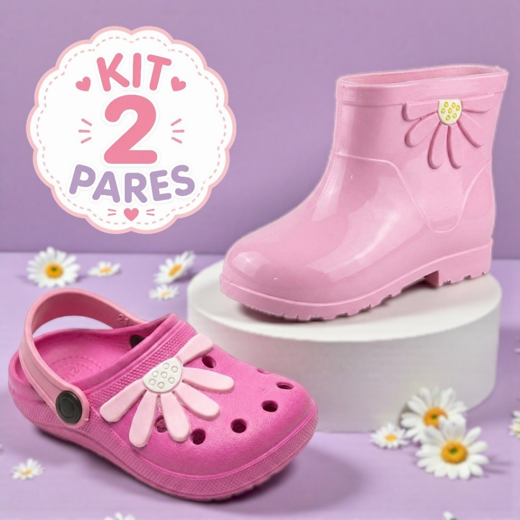 Kit 2 Pares Infantil Menina Galocha e Babuche Leve