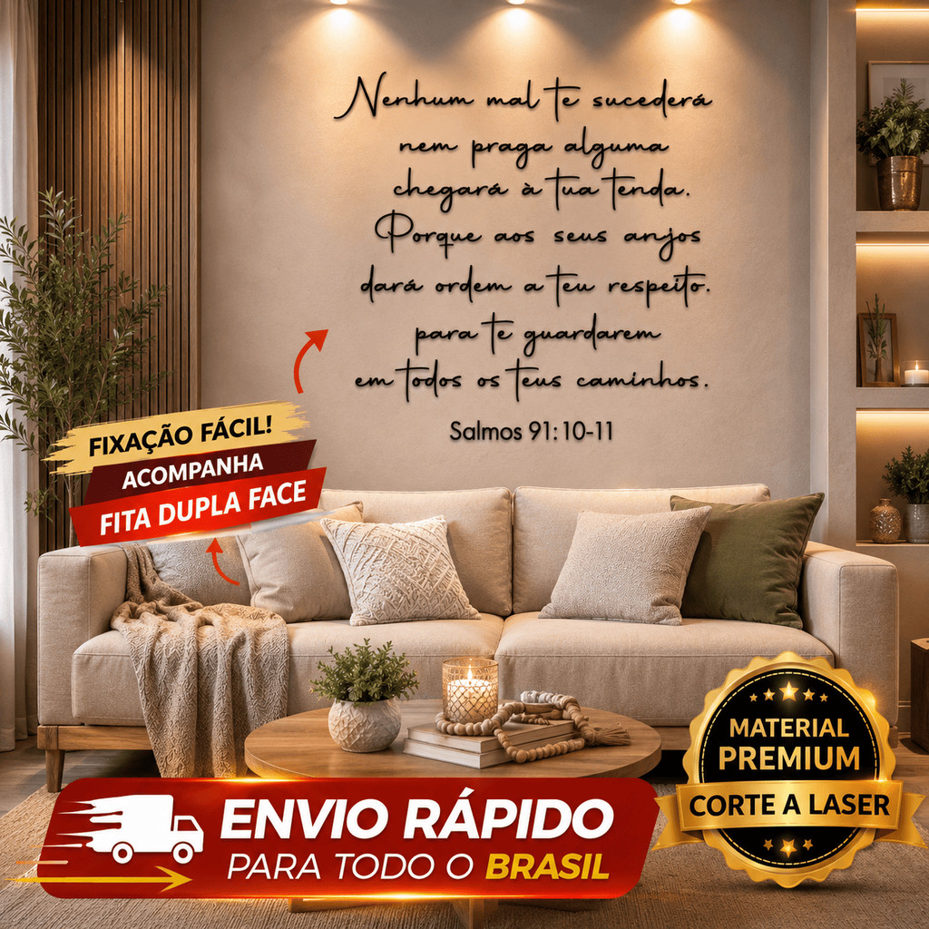Versículo Letreiro Salmos 91:10-11 Mdf Decorativo