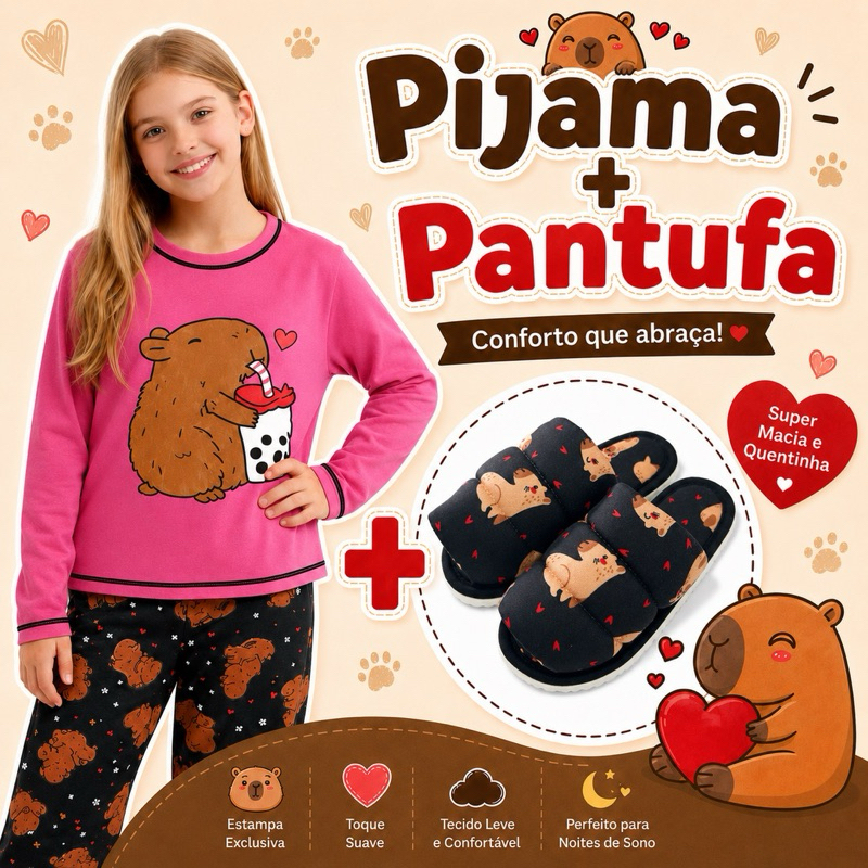kit de pijama longo infantil + pantufa de capivara