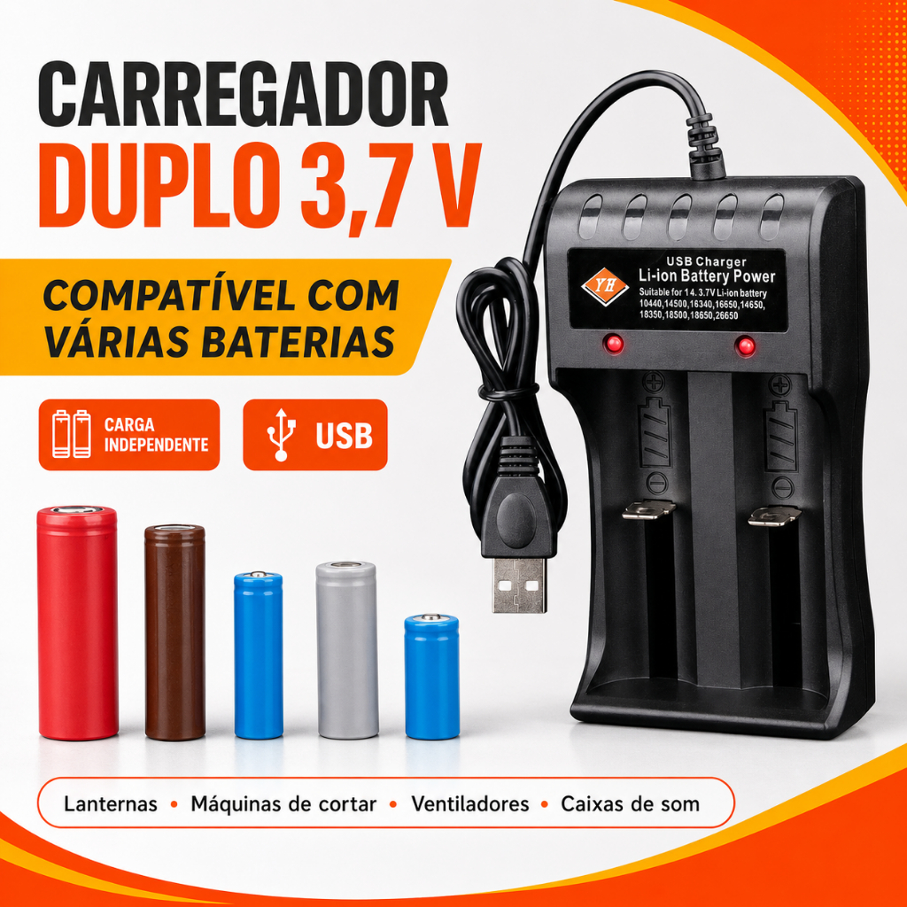 Carregador USB Duplo Bateria 26650/18650/14500 3.7