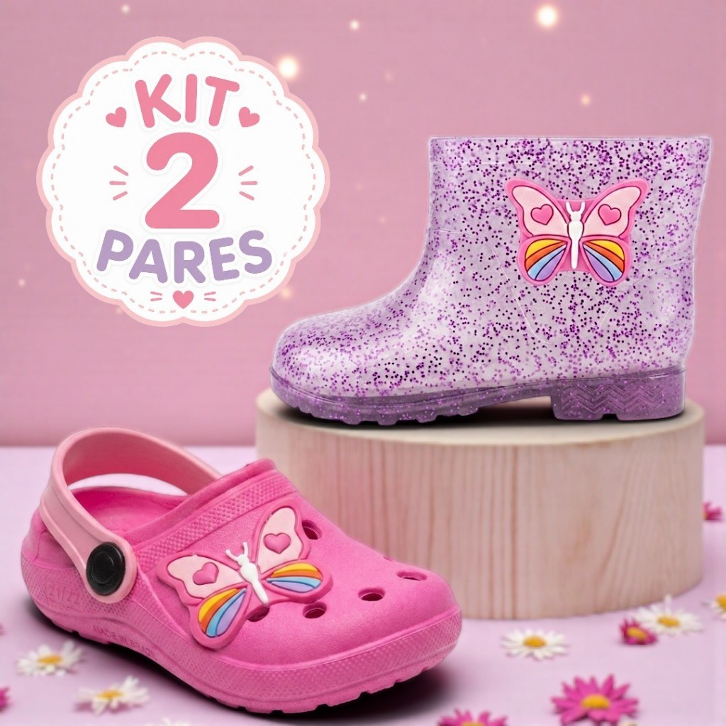 Kit 2 Pares Infantil Menina Galocha e Babuche Leve