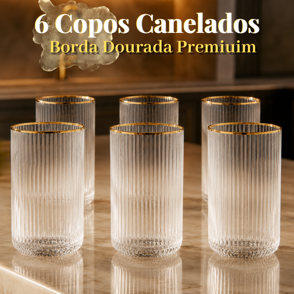 Jogo de Copos Vidro Borda Dourada Canelado 12 ou 6