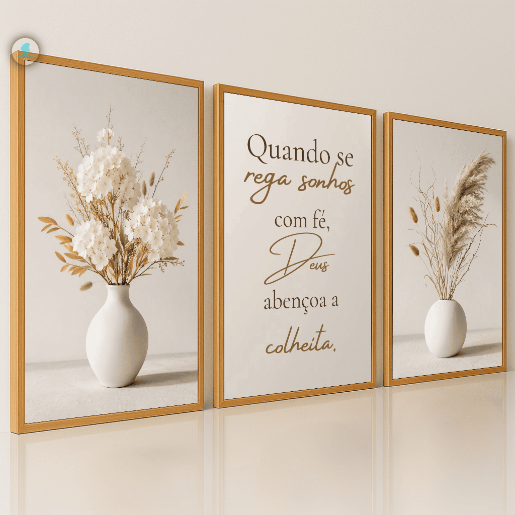 Quadros Decorativos Trio Vasos Flores Brancas Fé 
