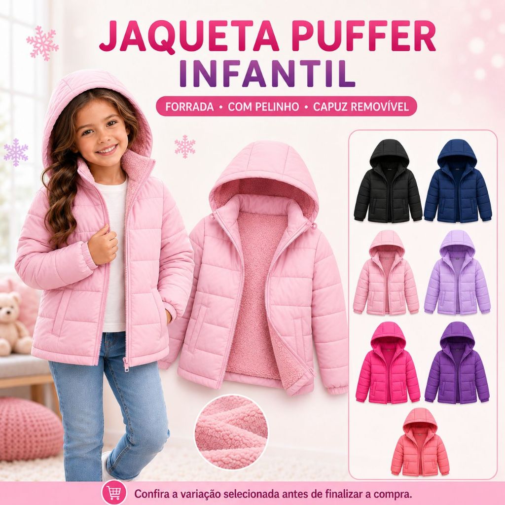 Jaqueta Puffer Infantil Feminina Bobojaco Pelinho 
