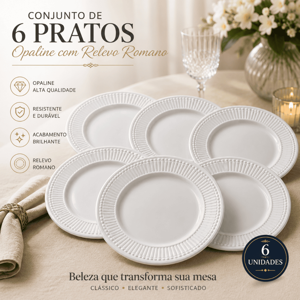 Kit 6 Pratos Rasos Opaline Branco Redondo 27cm Dur