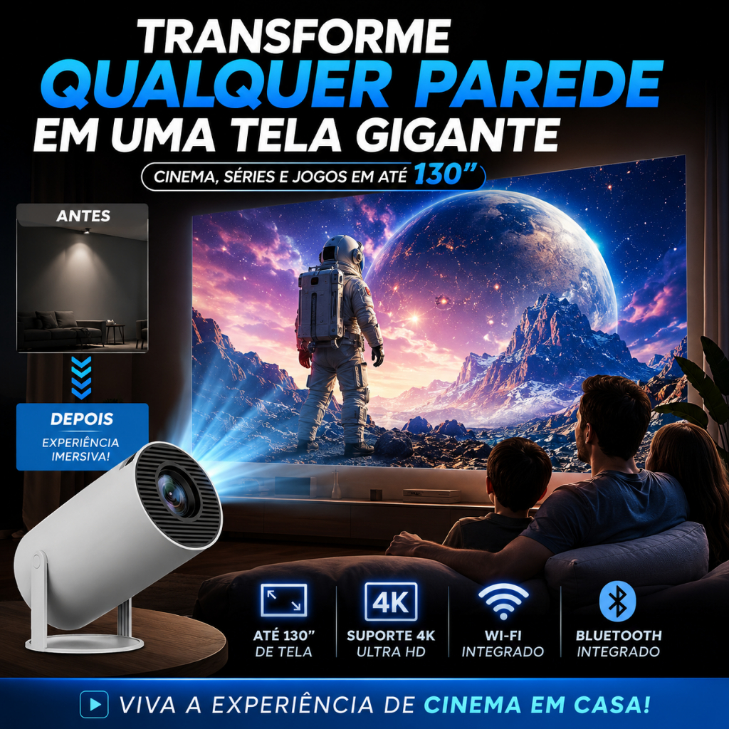 Projetor 4K HD 130 Polegadas Celular, Xbox, PS, Pc