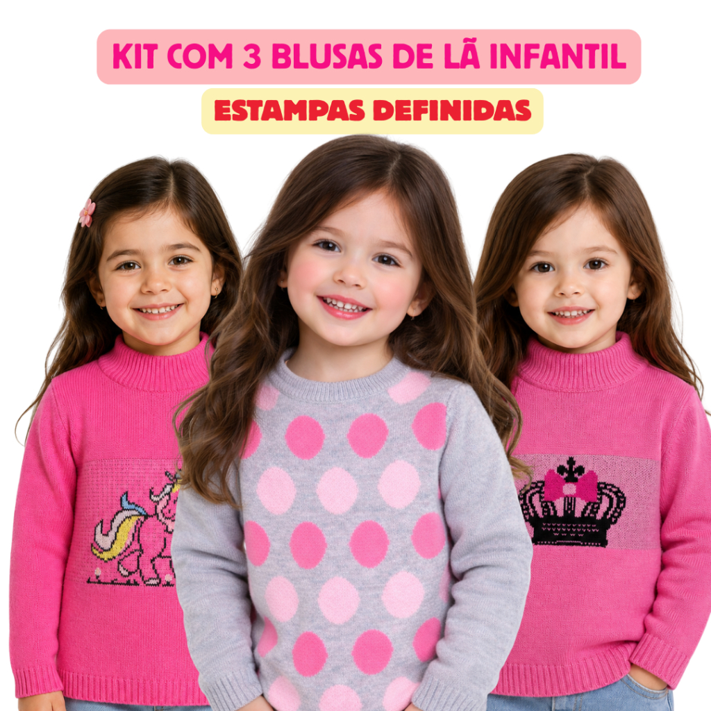 Kit com 3 Blusas de Lã Tricot Premium Infantil Pa