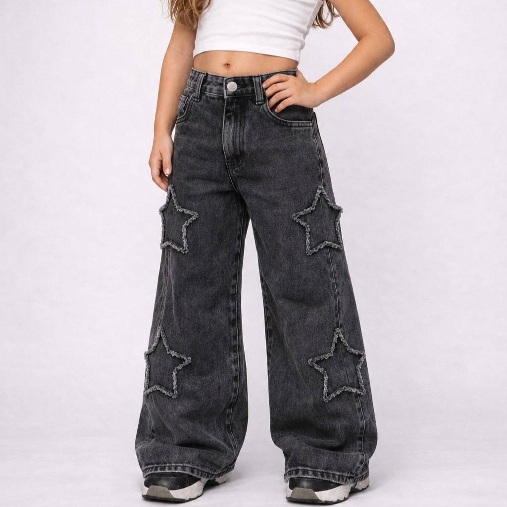 Calça Jeans Juvenil Menina Wide Leg Destroyed Est