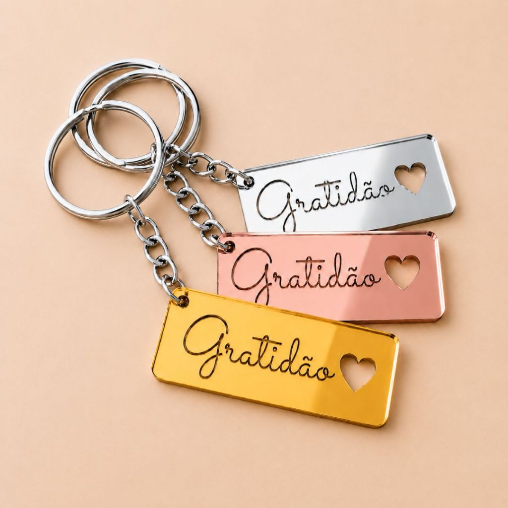 Kit Chaveiros Gratidão com Coração em Acrílico