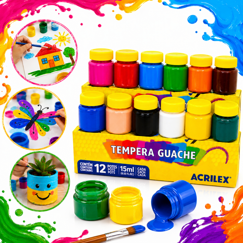 Tinta Tempera Guache Acrilex 12 Cores Artesanato E