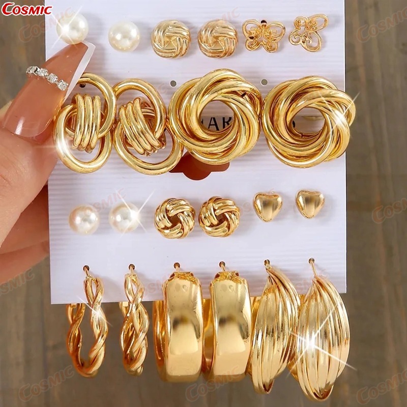 KIT12 Conjunto Elegante Brinco Com Argola De Ouro 