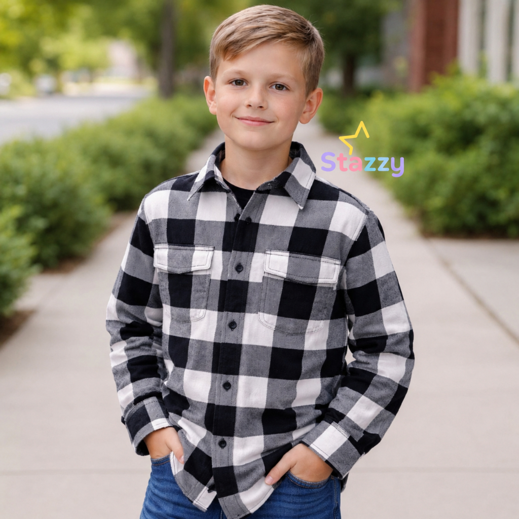 Camisa Xadrez Infantil Flanelada Unissex Manga Lon
