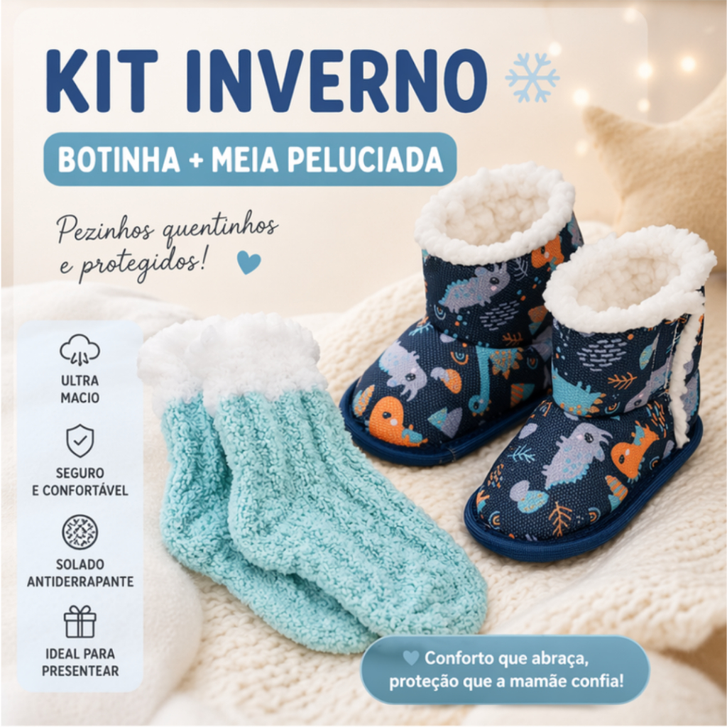 Kit Pantufa Botinha Infantil Menino + Meia Pelucia