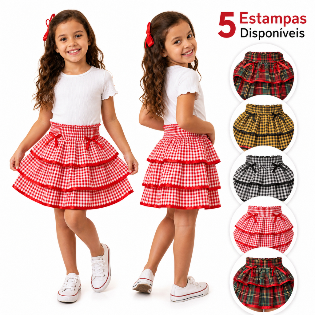 Saia Junina Feminina Infantil Xadrez Rodada Festa