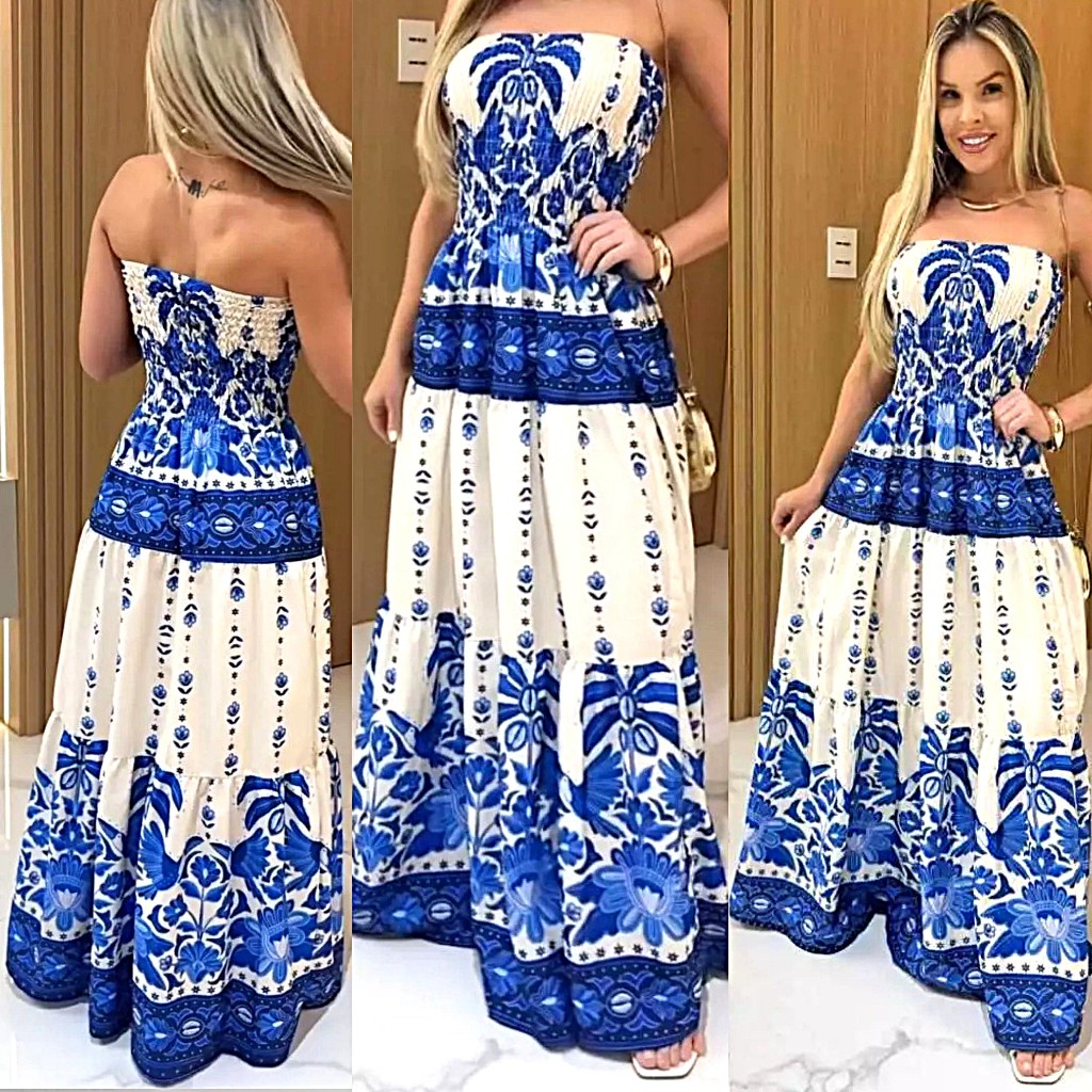 Vestido Feminino Longo Tomara que Caia Estampado e