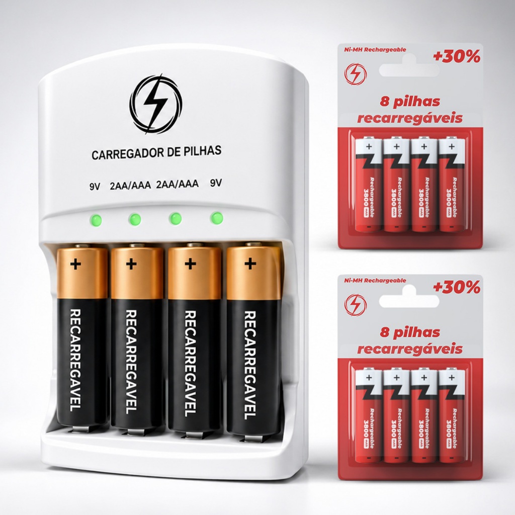 Carregador de Pilhas Recarregáveis Kit + 8 Bateri