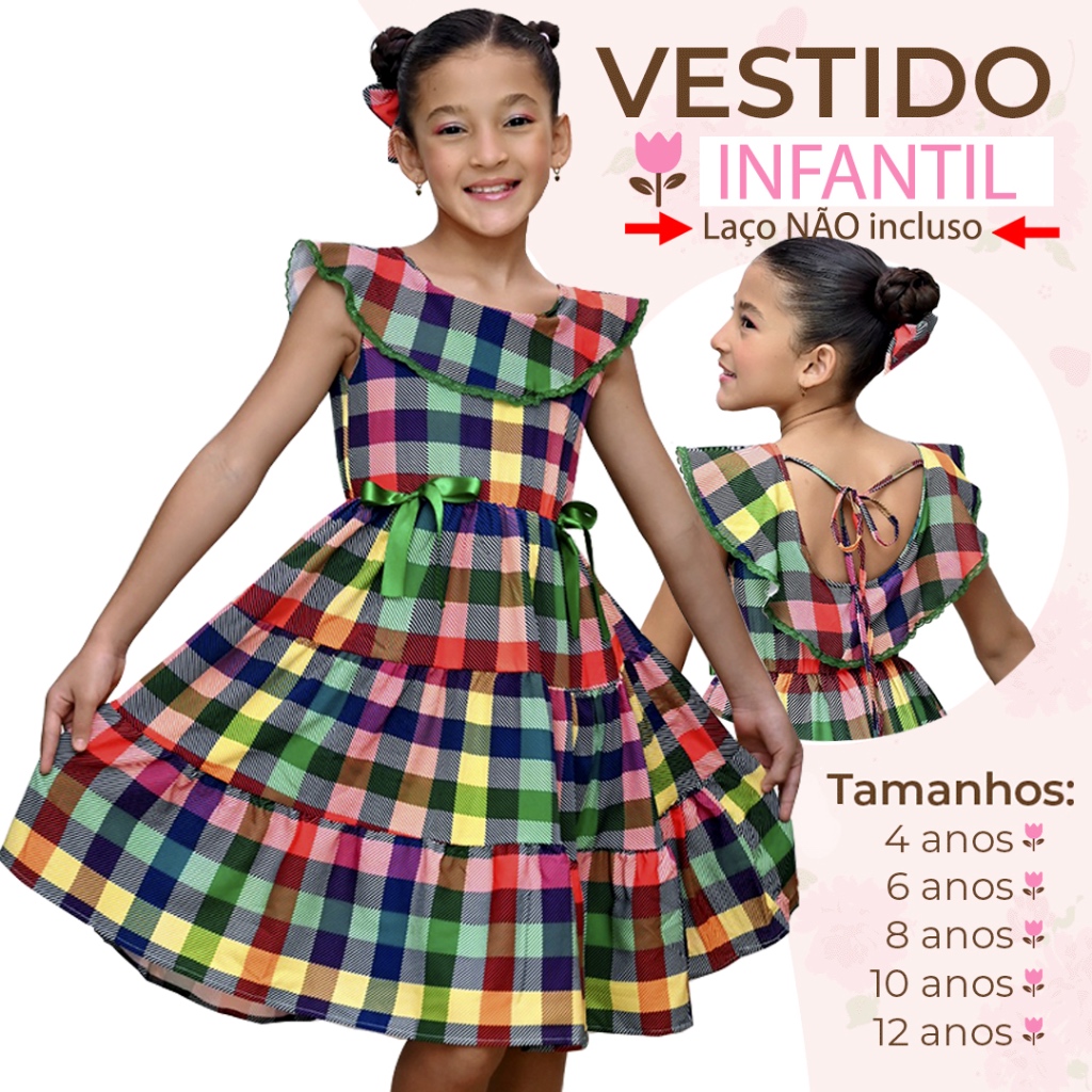 Vestido Infantil Menina Manga Curta Floral Junino 