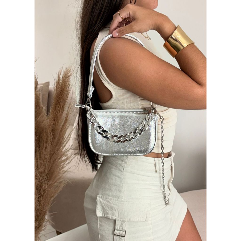 Bolsa feminina pequena com corrente alça de ombro