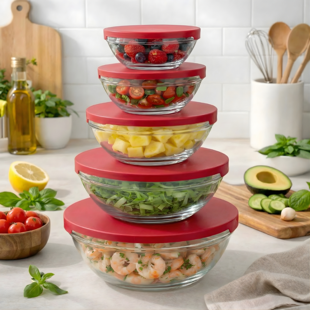 Conjunto Tigela Vidro Bowl Marmita Tampa 5 Peças 
