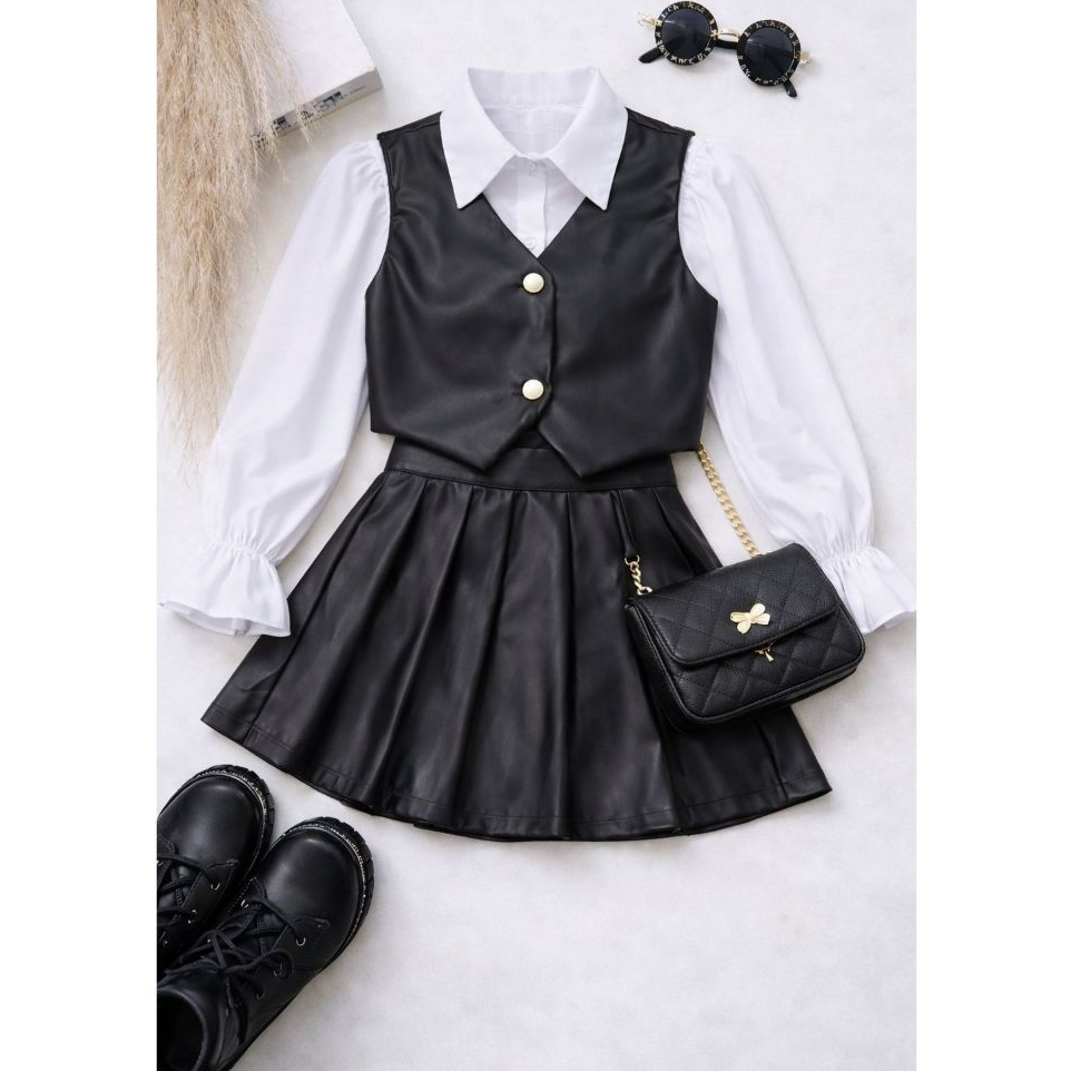 Conjunto infantil Saia e Colete De Couro Para Meni