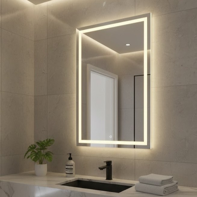 Espelho Grande com Led 3 cores e Touch Jateado Fin