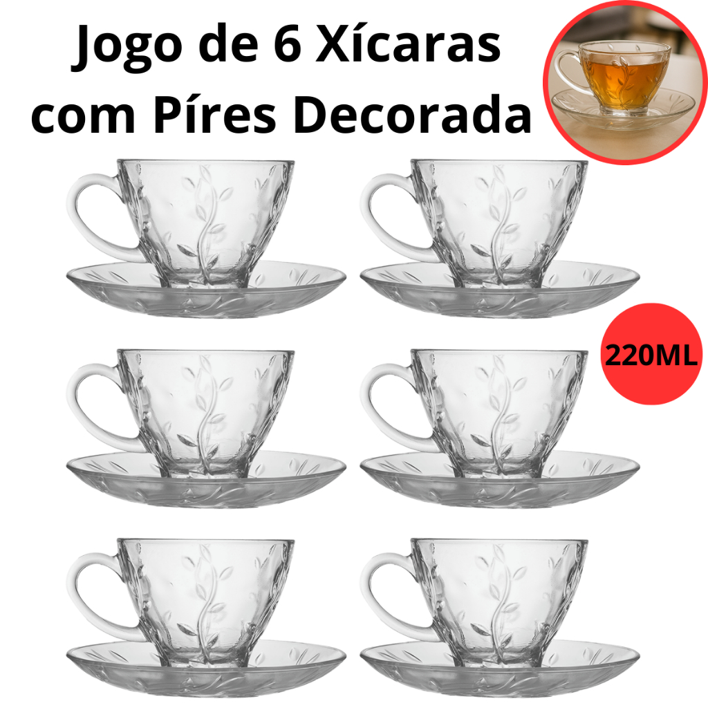 Jogo de Xícara com Pires 12 Peças Cafe e Cha Lil