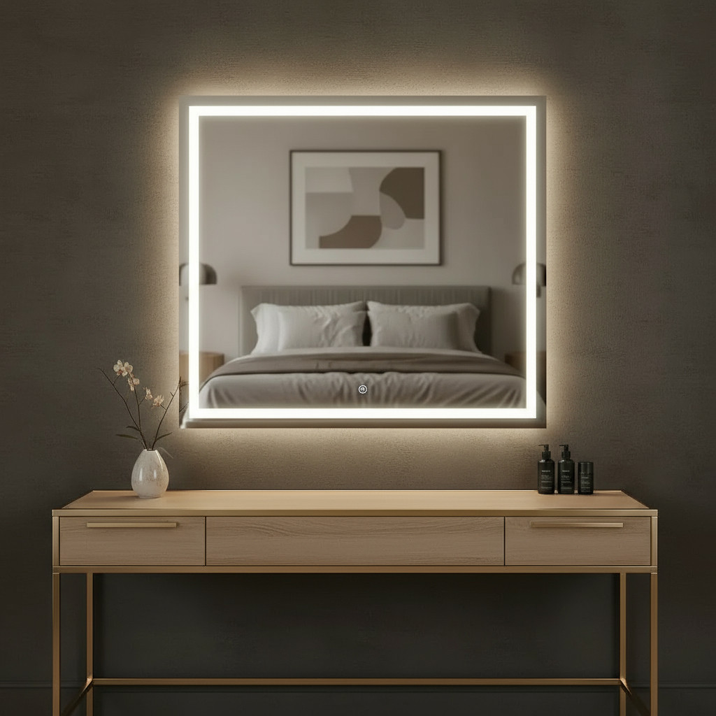 Espelho Quadrado 40cm a 60cm Com LED de 3 Cores Ja