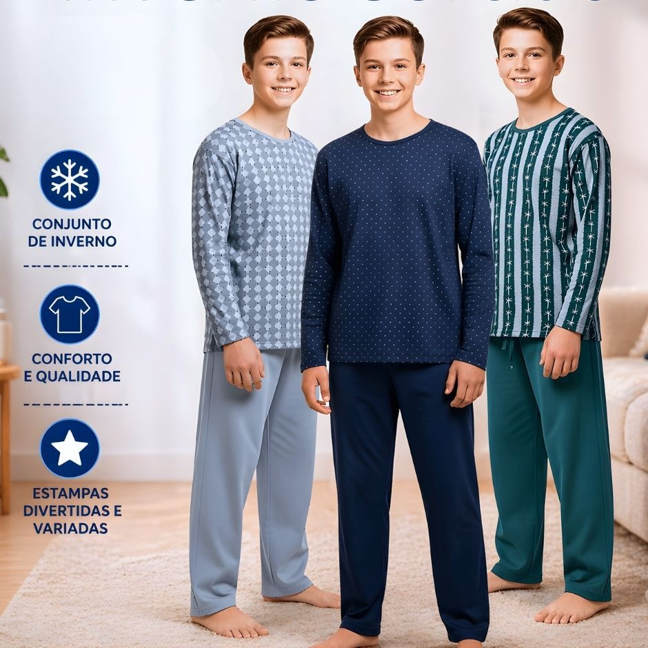 Kit Pijama Juvenil Inverno Roupa Dormir Menino Com