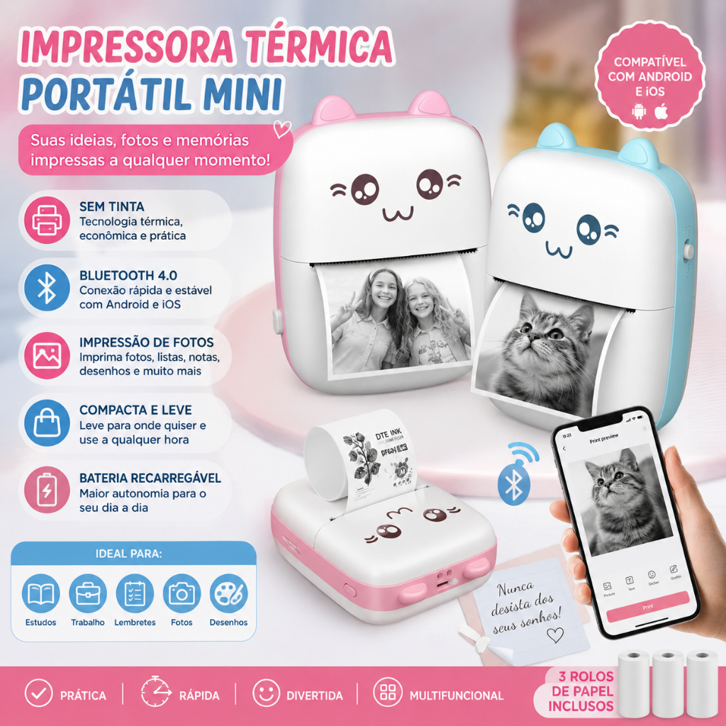 Mini Impressora Térmica Portátil Imprima Fotos e