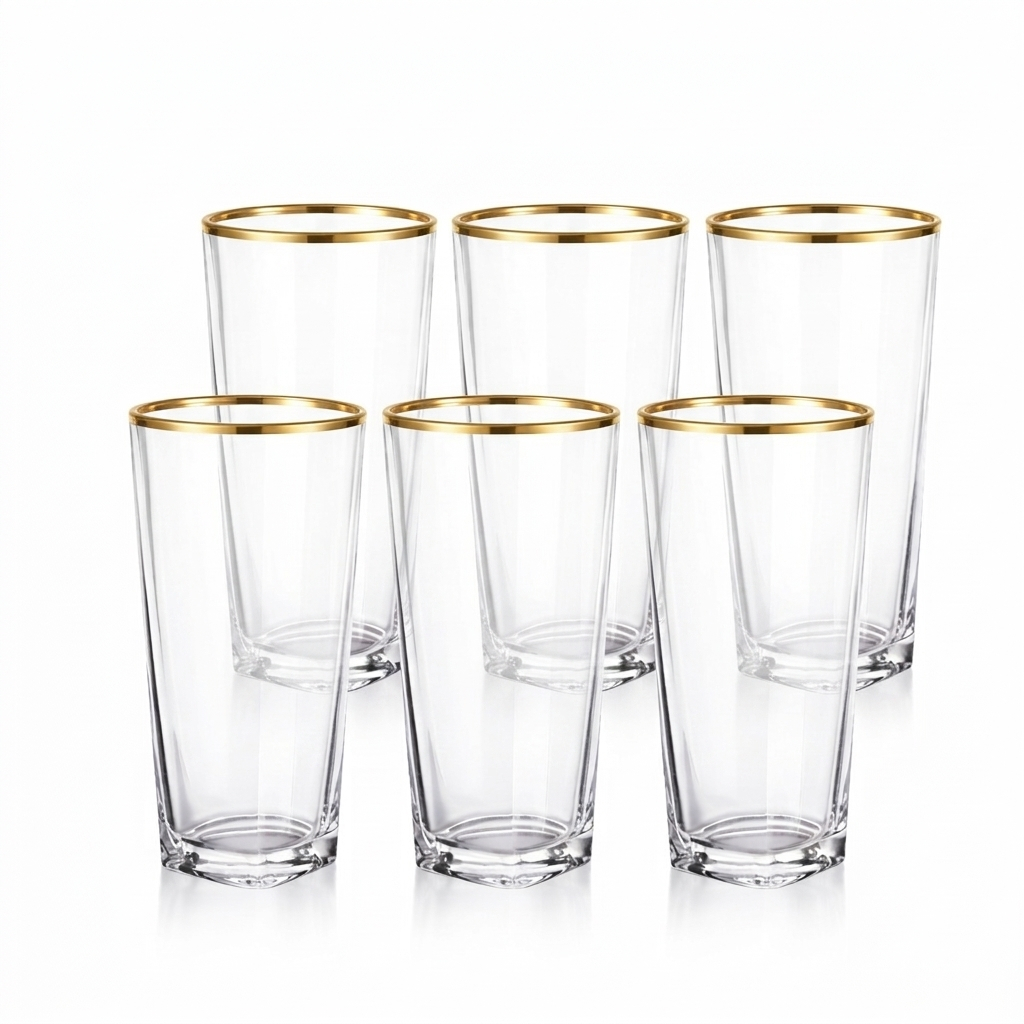 Jogo 6 Copos Transparente 280ml Vidro Borda Dourad