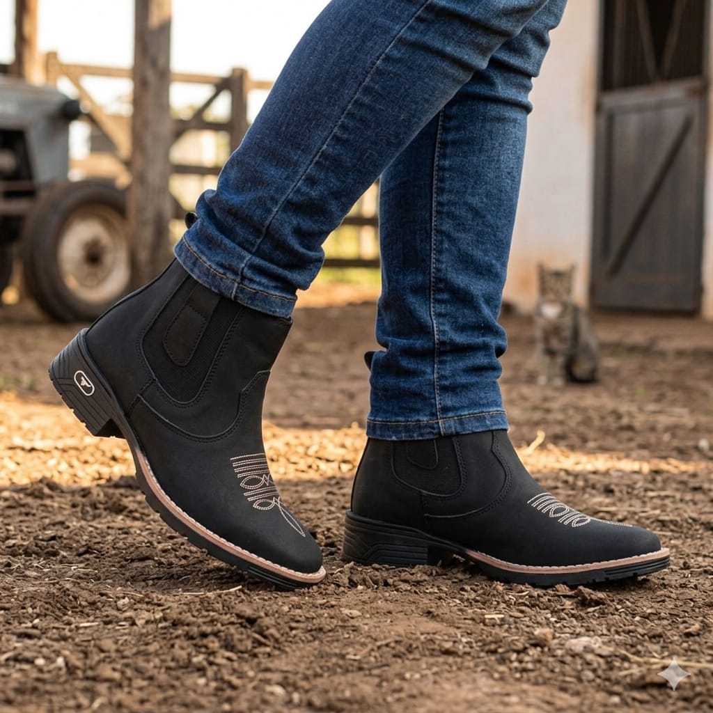 Botina Bota Masculina Country Bico Quadrado Bordad
