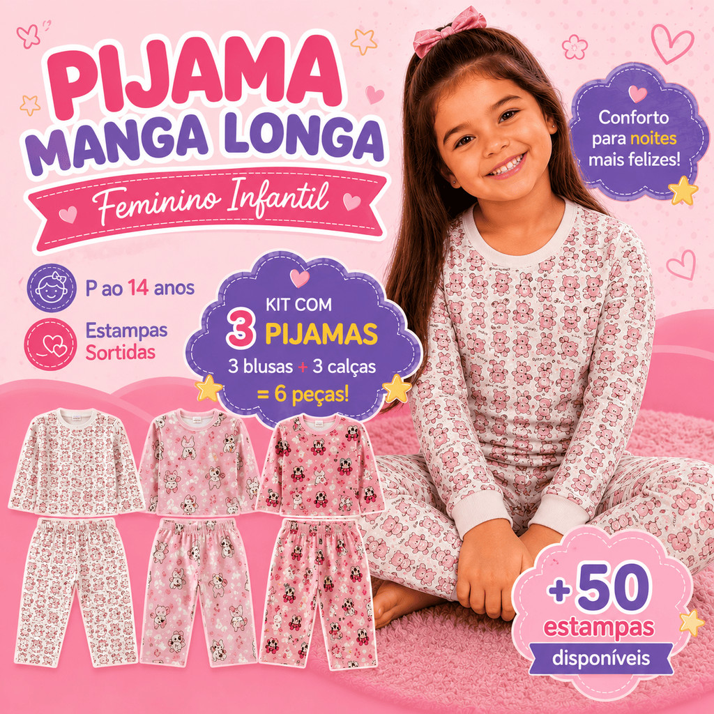 Kit 3 Pijamas Infantil Menina Criança Inverno Man