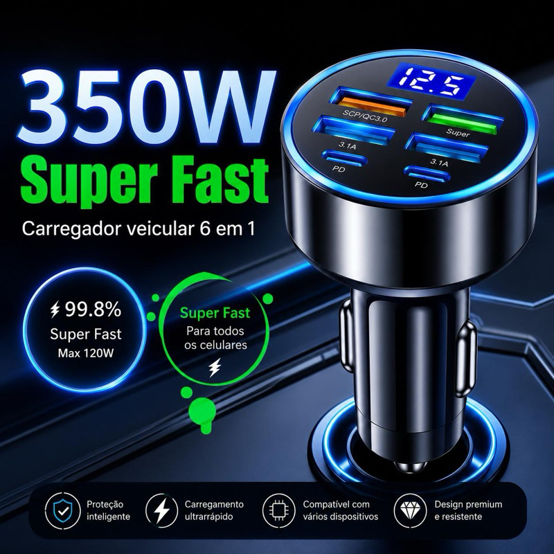 Carregador Veicular 350W Turbo 6 Portas Turbo USB 