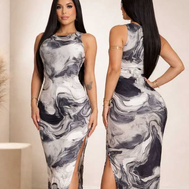 Vestido Feminino Midi estampa marmorizada com fend